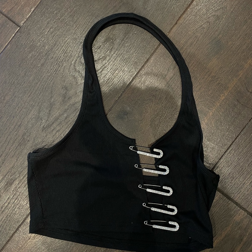 Vintage black halter top with safety pins